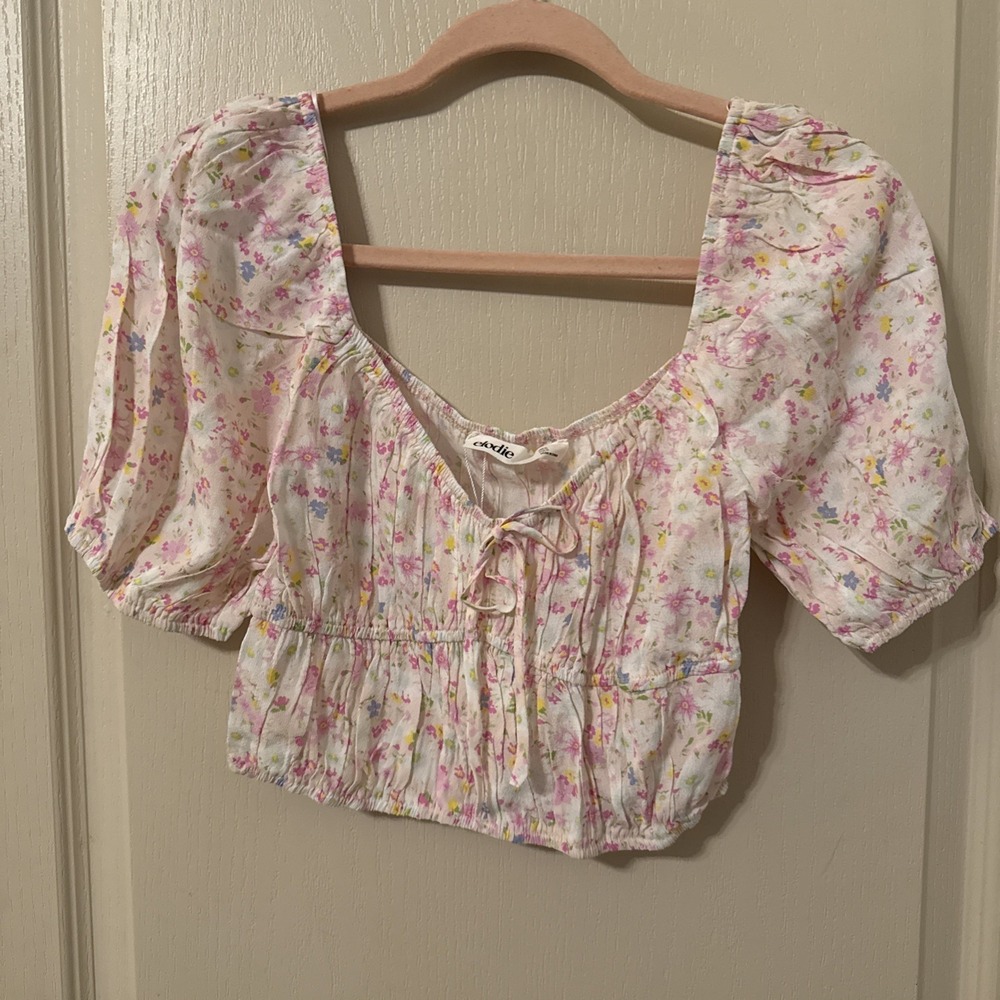 Anthropologie Elodie Pink‎ and White Floral Crop Size M New Cottagecore Coquette